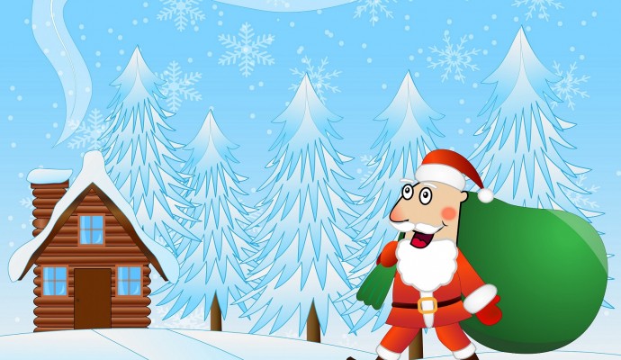 merry Santa claus with the sack of gifts on a background winter