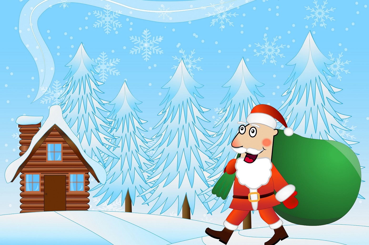 merry Santa claus with the sack of gifts on a background winter