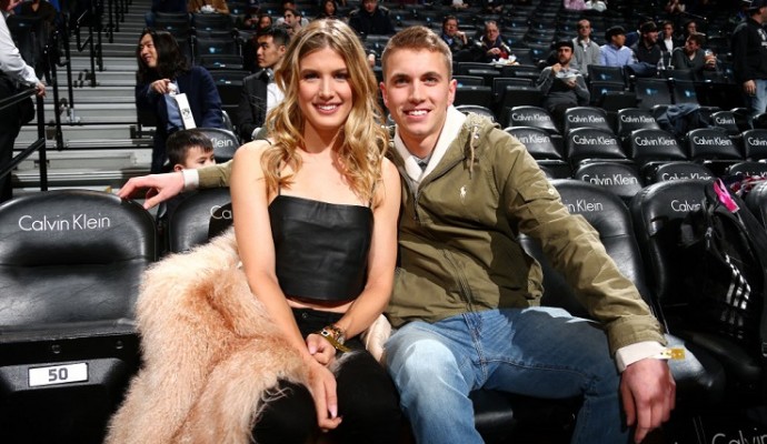BROOKLYN, NY - FEBRUARY 15: Tennis payer, Genie Bouchard poses for a picture with her date during the game between the Brooklyn Nets and the Milwaukee Bucks on February 15, 2017 at Barclays Center in Brooklyn, New York. NOTE TO USER: User expressly acknowledges and agrees that, by downloading and or using this Photograph, user is consenting to the terms and conditions of the Getty Images License Agreement. Mandatory Copyright Notice: Copyright 2017 NBAE (Photo by Ned Dishman/NBAE via Getty Images)