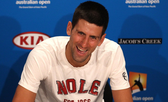 MELBOURNE, AUSTRALIA - JANUARY 17:  Novak Djokovic of Serbia speaks to the media after winning his first round match against Paolo Lorenzi of Italy during day two of the 2012 Australian Open at Melbourne Park on January 17, 2012 in Melbourne, Australia.  (Photo by Scott Barbour/Getty Images)