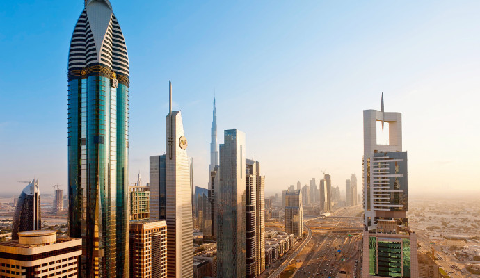 CE8AA0 Dubai, Towering office and apartment towers along Sheikh Zayed Road